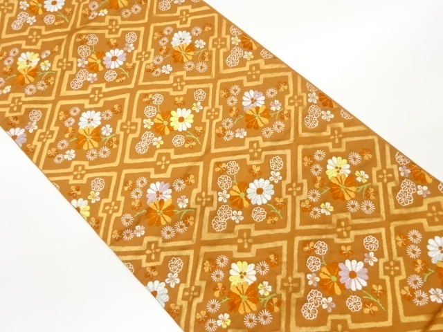 JAPANESE KIMONO / VINTAGE FUKURO OBI / WOVEN KIKU & RHOMBUS
